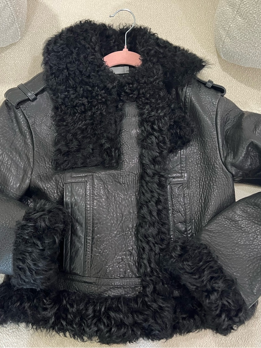 Vince Black Lamb Leather & Lamb Shearling Moto Jacket XS | Cropped Luxury Coat
